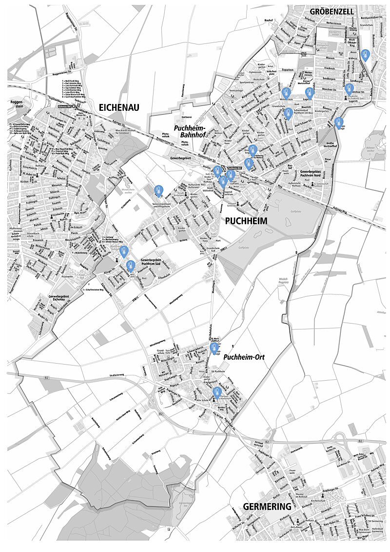 Stadtplan von Puchheim, die Kühlen Orte sind mit Pins markiert Stadtplan von Puchheim, die Kühlen Orte sind mit Pins markiert